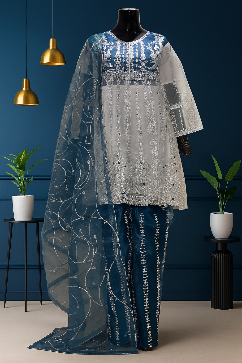 Aquamarine Net Suit with Delicate Tila Embroidery