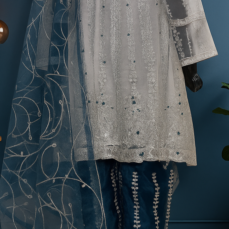 Aquamarine Net Suit with Delicate Tila Embroidery