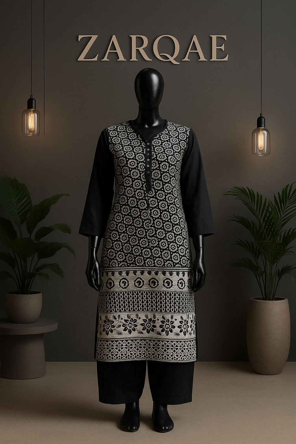 Raat-e-Naaz – Black Chikankari Kurti with White Contrast Elegance