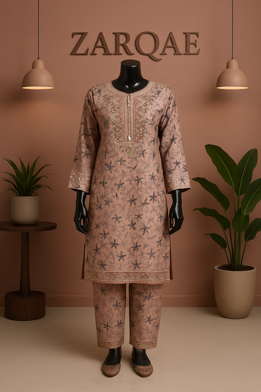 Gulabi Shaam – Dusty Rose Printed Lawn 2Pc with Embroidered Gala & Daman