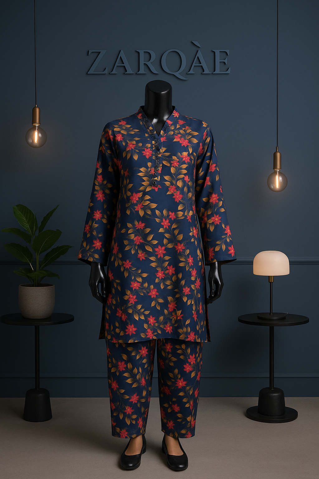 Shab-e-Gul – Navy Blue Printed Lawn 2Pc with Autumn Hues